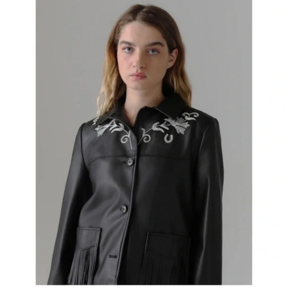 Urban Outfitters Black Leather Jacket with Fringe and Embroidery